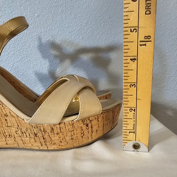 GUESS Tan Patent Leather Platform Cork Sandals - Picture 9 of 12